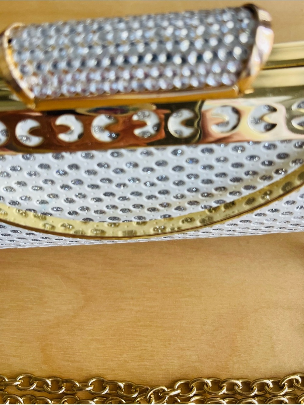 Crystal-Embellished White Evening Clutch with Gold Trim